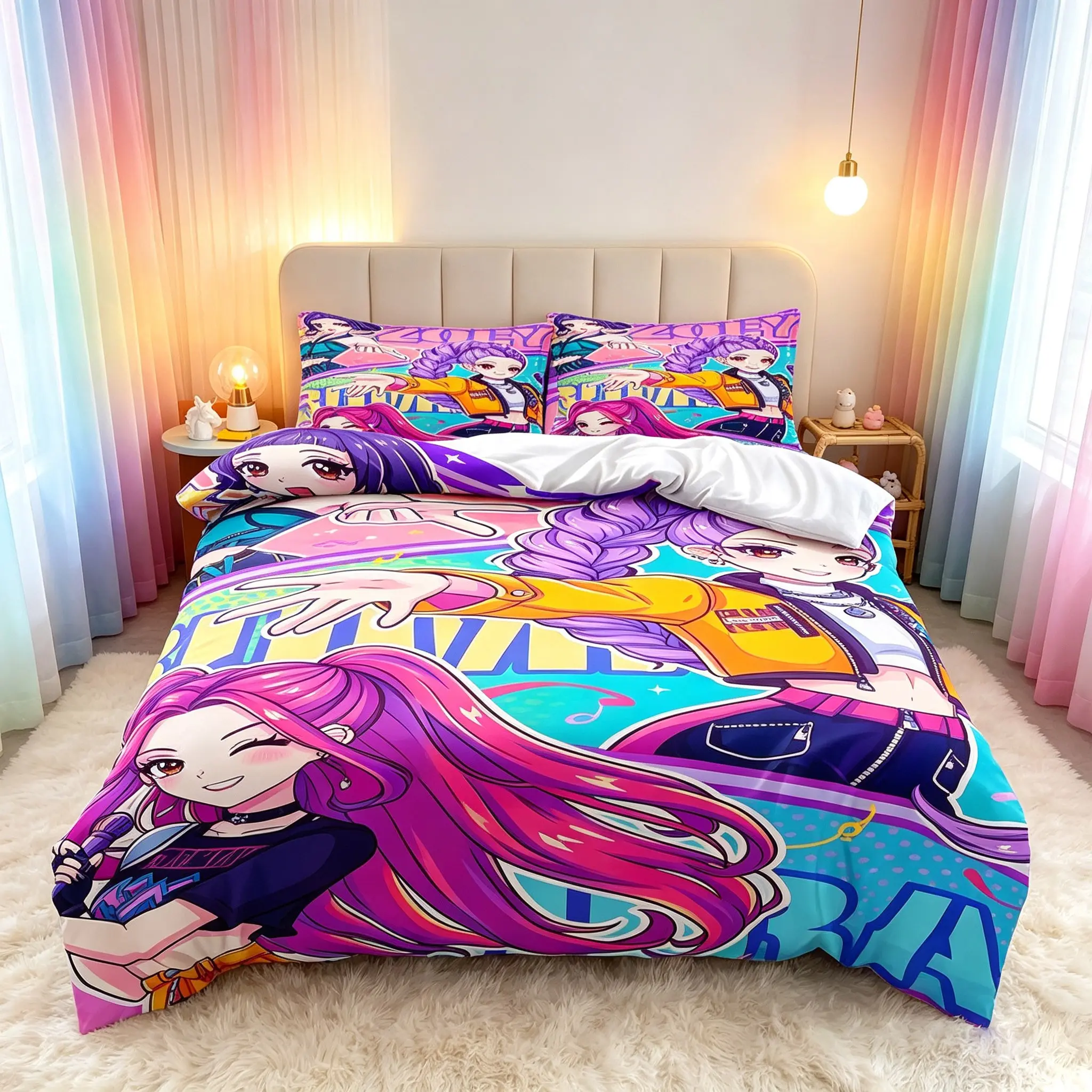 3-Piece Idol Girl Group Pattern Quilt Cover Set, Soft Comfortable Fabric, Includes 1 Quilt Cover and 2 Pillowcases, Ideal for Bedroom, Hotel, Dormitory