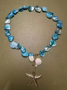 Oceanic Blue Shell Necklace, Unique Starfish Pendant Choker, Beach Vacation Accessory, Natural Shell Pearl Chain, Versatile Photo Jewelry