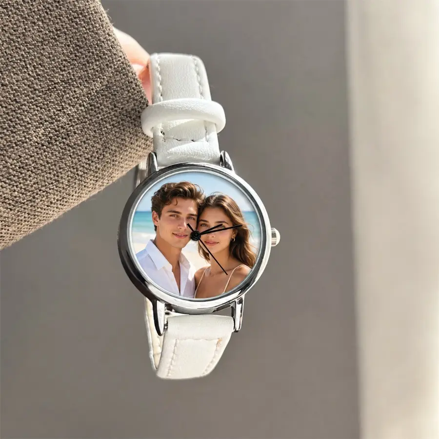 Custom Photo Watch Personalized Couple Picture Wristwatch Leather Band Romantic Gift for Her Girlfriend Wife