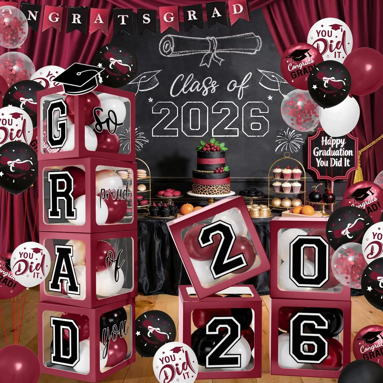 Graduation Decorations 2026, Maroon Balloon Box Set with 'GRAD' & 'So Proud of You' Letters, 66pc Black and White Party Supplies Kit for Class of 2026, Garland