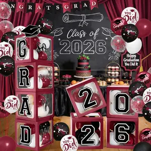 2026 Graduation Decorations Maroon Balloon Boxes with Letters Grad So Proud of You and Black White Print Balloons Party Decorations Class of 2026