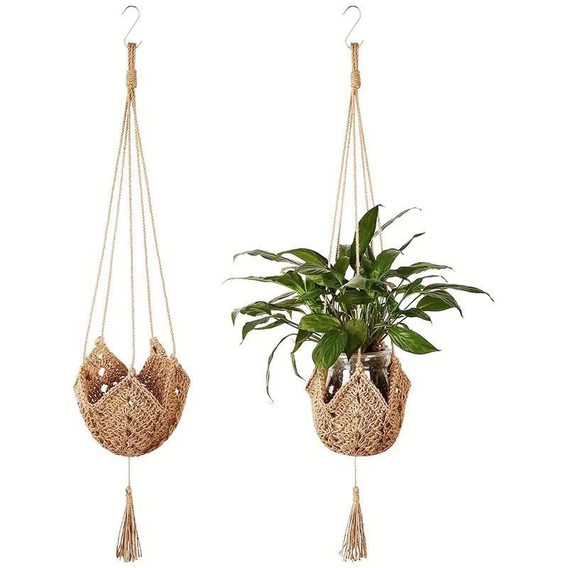 Boho Style Woven Hanging Planter Net, Lightweight Geometric Irregular Shape Hanging Plant Basket with S Hook, Home Decoration Supplies