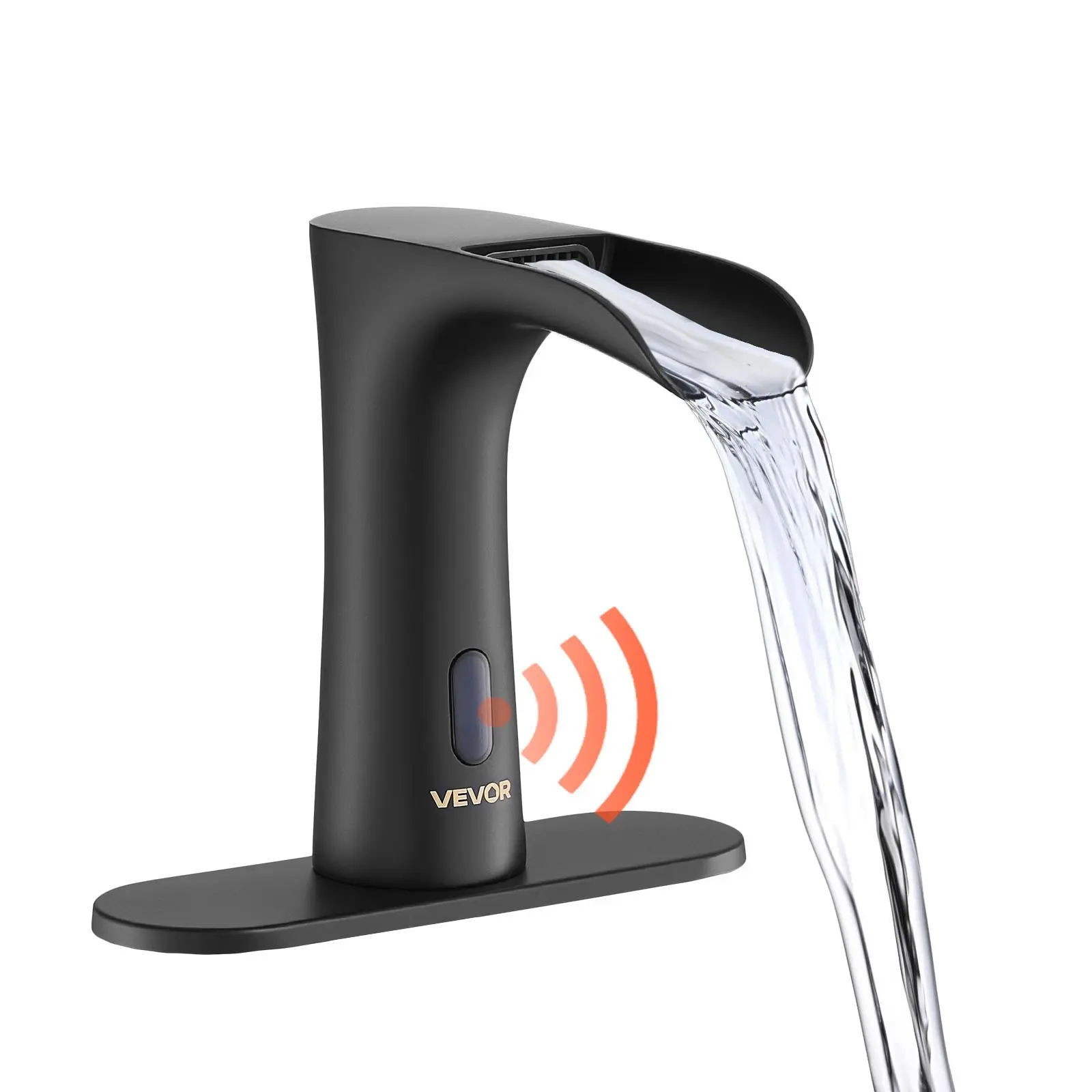 VEVOR Sensor Touch Touchless Bathroom Sink Faucet, Automatic Motion Sensor Waterfall Faucet with Hole Plate, Easy Install Hot-Cold Water for 9/16 in Pipe, Commercial Restrooms Matte Black (with Hole Cover Plate)