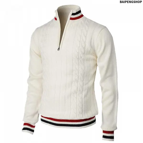 Men's Half-Zip Knit Sweater with Stand Collar and Striped Trim, Casual Regular Fit Long Sleeve Top for Daily & Work Wear, Knitwear, Tops