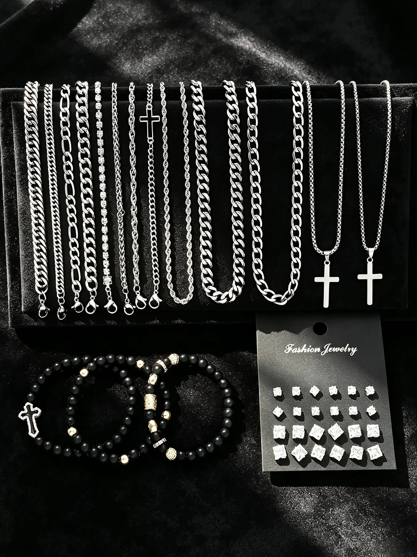 40-Piece Jewelry Set, Casual Hip-Hop Style, Stainless Steel, Geometric Zircon, Cross Necklace, Beaded Bracelet, Ear Studs, Gift for Him