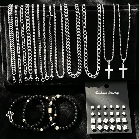 40-Piece, Casual Hip-Hop Style, Stainless Steel, Geometric Zircon, Cross Necklace, Beaded Bracelet, Ear Studs, Gift for Him, Jewellery Gift Set
