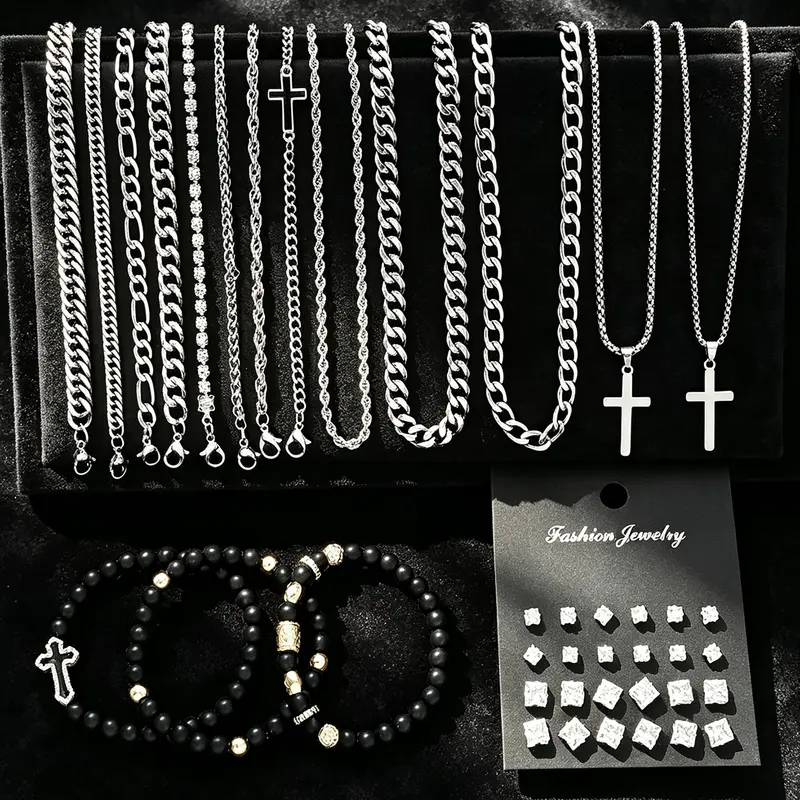 40-Piece, Casual Hip-Hop Style, Stainless Steel, Geometric Zircon, Cross Necklace, Beaded Bracelet, Ear Studs, Gift for Him, Jewellery Gift Set