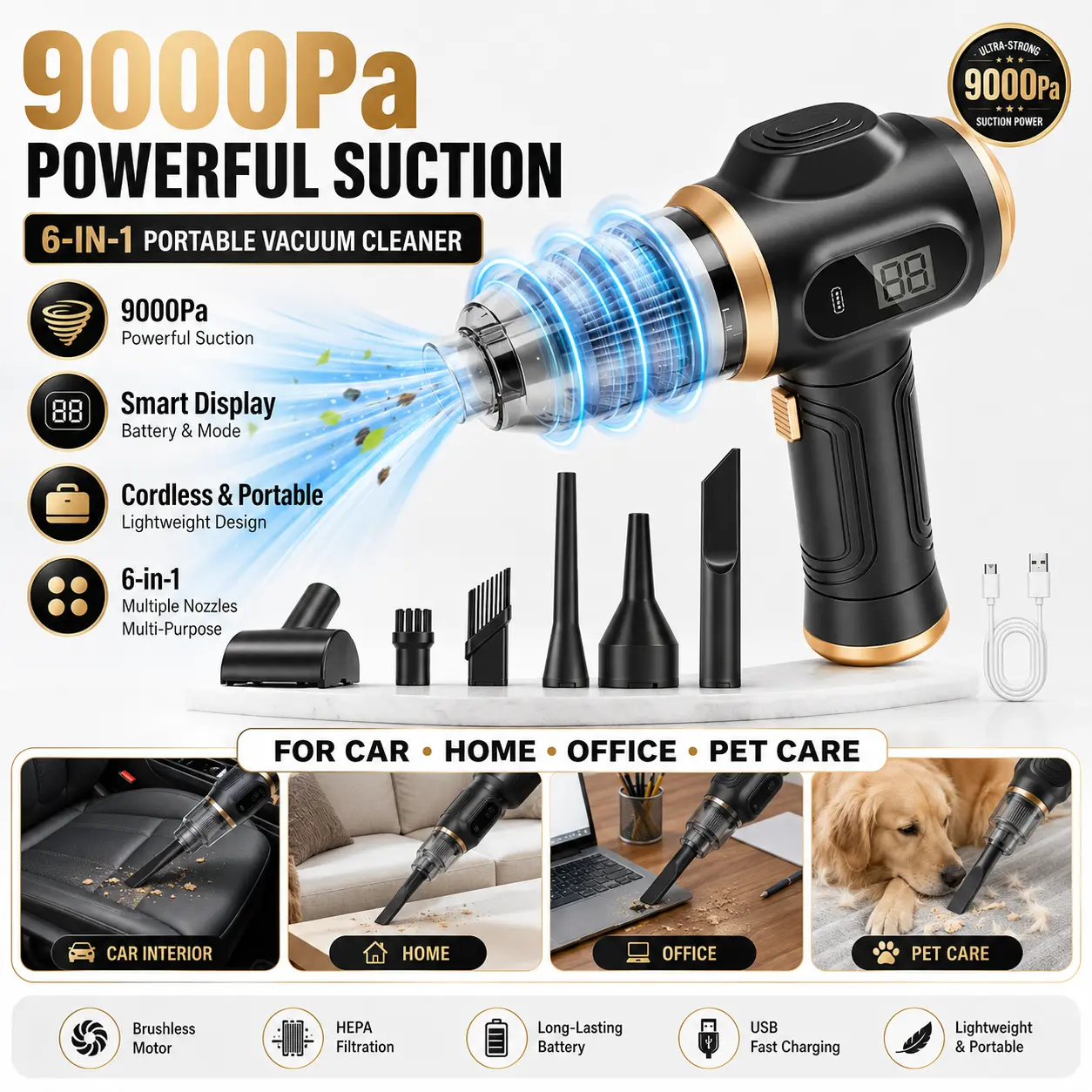 Handheld Cordless Car Vacuum Cleaner: 9000Pa powerful suction, 6-in-1 portable vacuum cleaner with a smart display, ideal for cars, homes, offices and pet care.A portable cordless cleaner.The perfect gift for your loved ones.