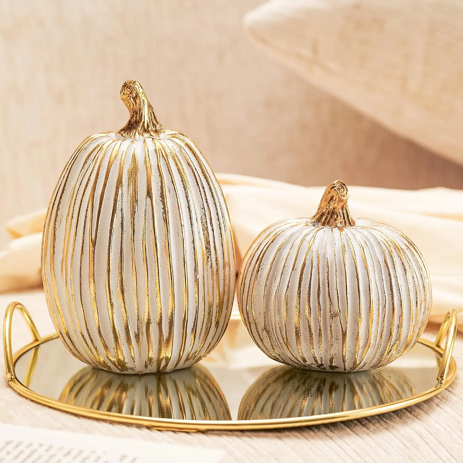 White and  Fall Pumpkin Decoration for Table Centerpieces | Thanksgiving, 2 count Artificial Luxury  Pumpkins Figurines for Decorating, Autumn Harvest Fall  Decor Shelf Mantel