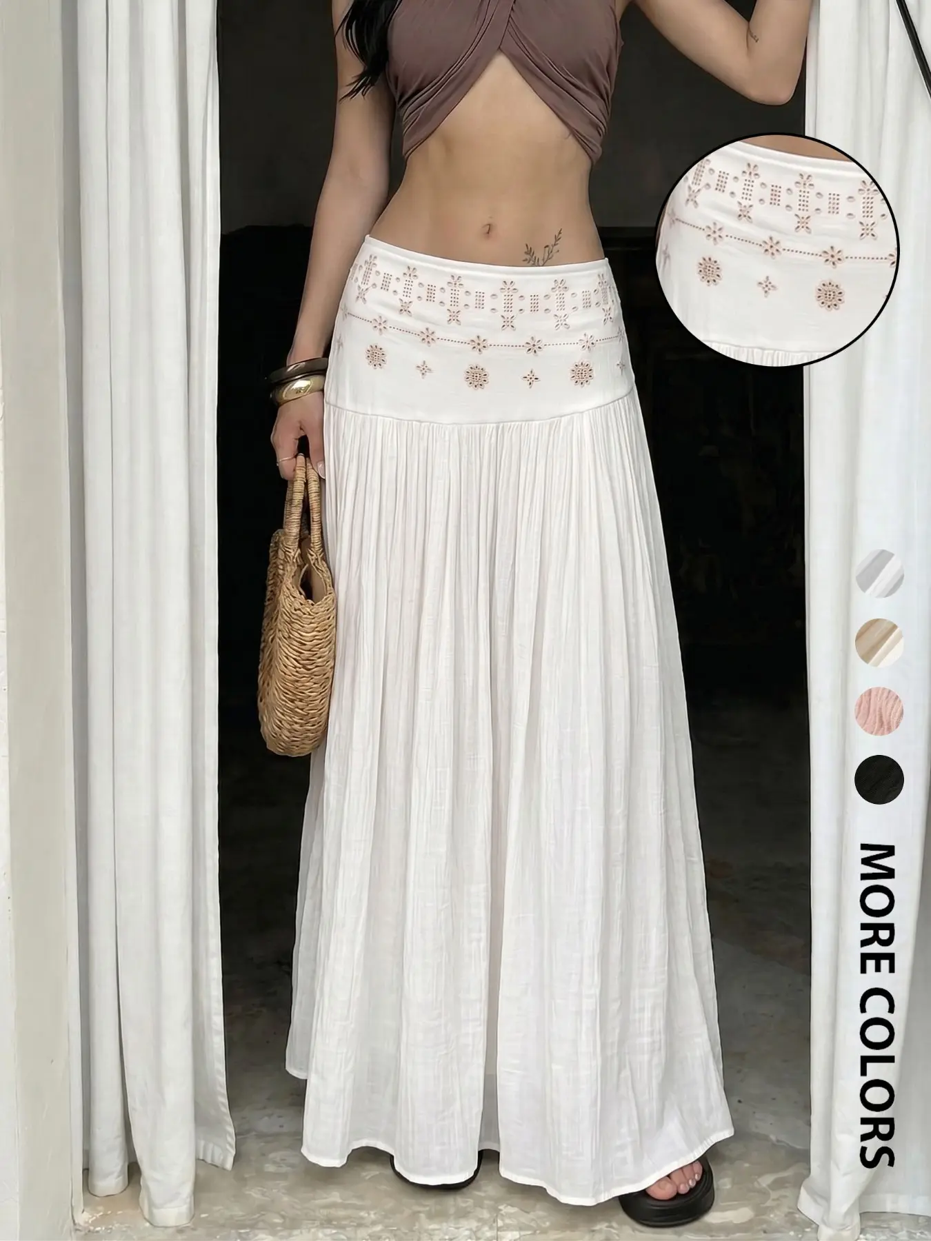 Women White Eyelet Embroidery Maxi Skirt High Waist Gathered Pleated Tiered Flowy Boho Vacation Bohemian Beach Skirt Long Loose Skirt Bohemian