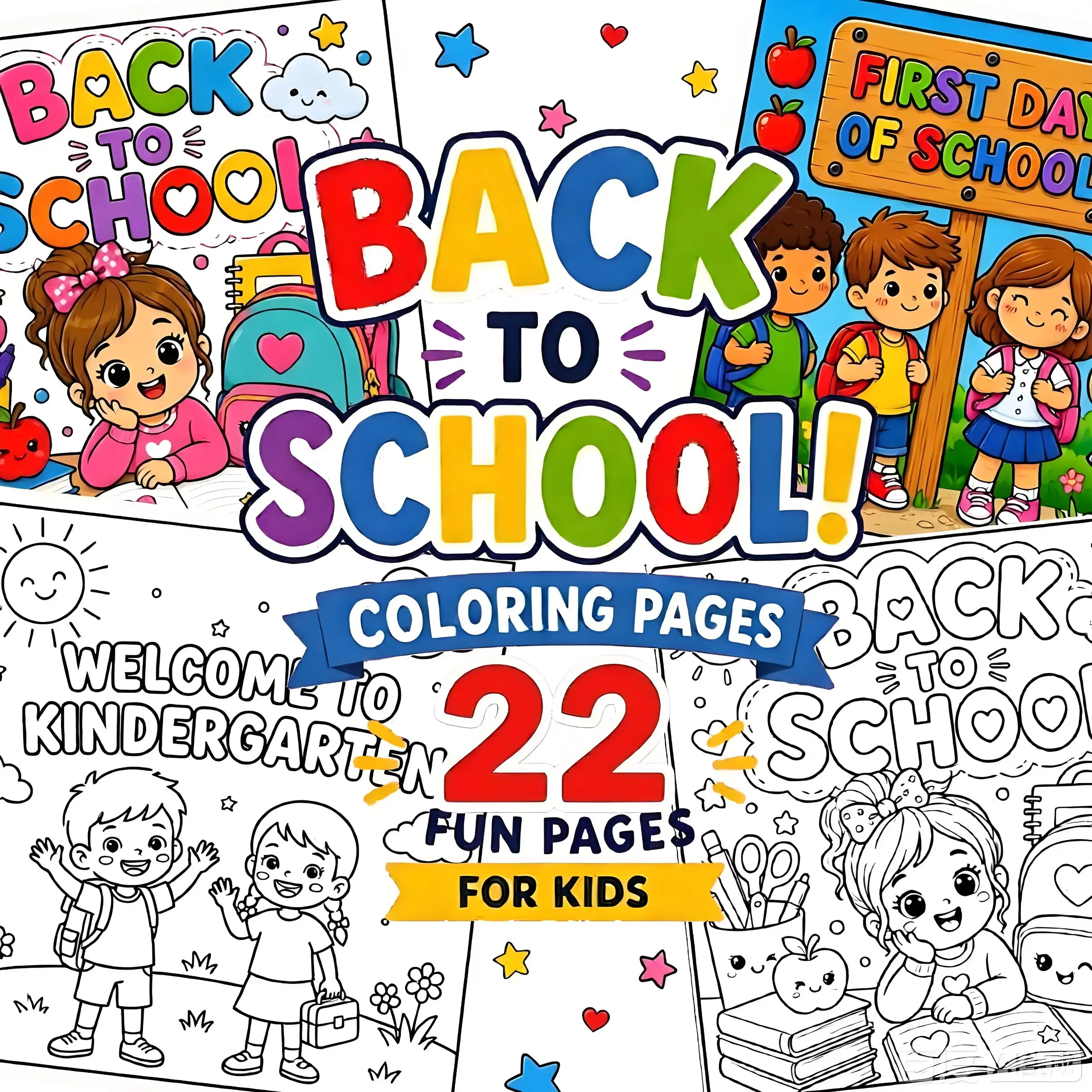 22 Pages Back To School Coloring Pages, Welcome To Kindergarten Bold Easy Coloring Book, First Day Of School Fun Activity Sheets For Kids,Back-to-school gifts, suitable for young children, preschoolers, kindergarten kids, and family education