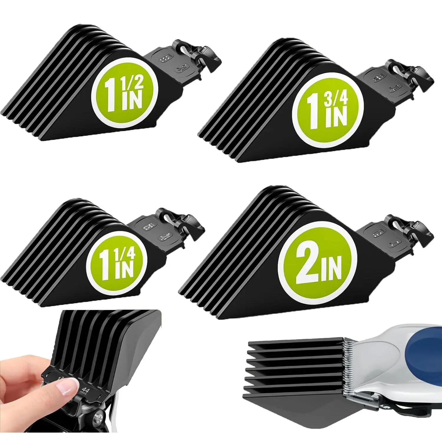Upgraded Extra Long Professional Hair Clipper Guards, 1.25"/1.5"/1.75"/2"#10/#12/#14/#16 Replacement Guide Combs, Black Universal Hair Trimmer Accessories for Most Full Size Clippers