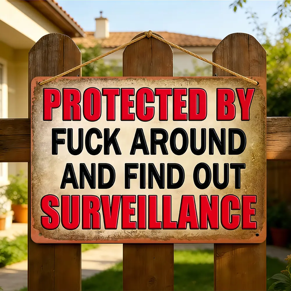 "Protected By Fuck Around And Find Out Surveillance" Bold Surveillance Warning Metal Sign, Bold Warning-Sign Attitude Wall Art & Decor for garage, porch, entryway, 8x12 Inch Aluminum, Distressed Retro Style, Waterproof & Rust-Free, home decor wall art,