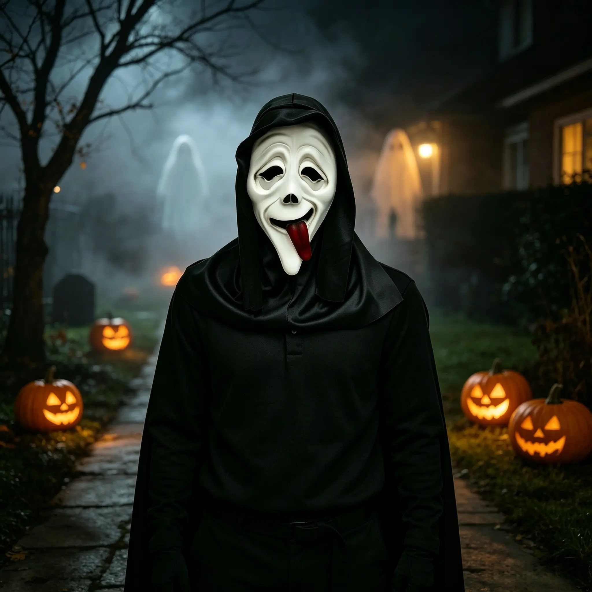 1pc Scream Ghost Mask with Red Tongue, Scary Spooky Latex Ghost Mask, Cosplay Prop for Adults Halloween Masquerade Party