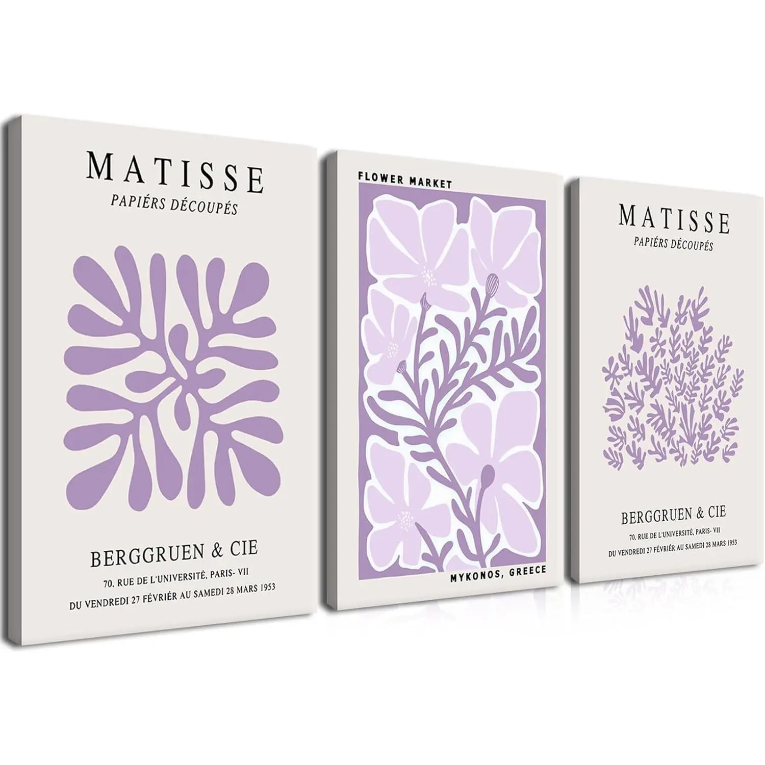 3-Piece 12x16 in Framed Henri Matisse Abstract Purple Cotton Canvas Wall Arts - Nature Sofa Painting, Light Purple Flower Market Prints, Wood Frame, Frameless Option, Living Room, Bedroom Gift-Worthy Decor