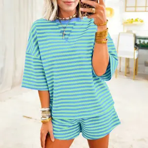 Green Stripe Striped Ribbed Cotton Two-Piece Pant Set with Chest Patch Detail
