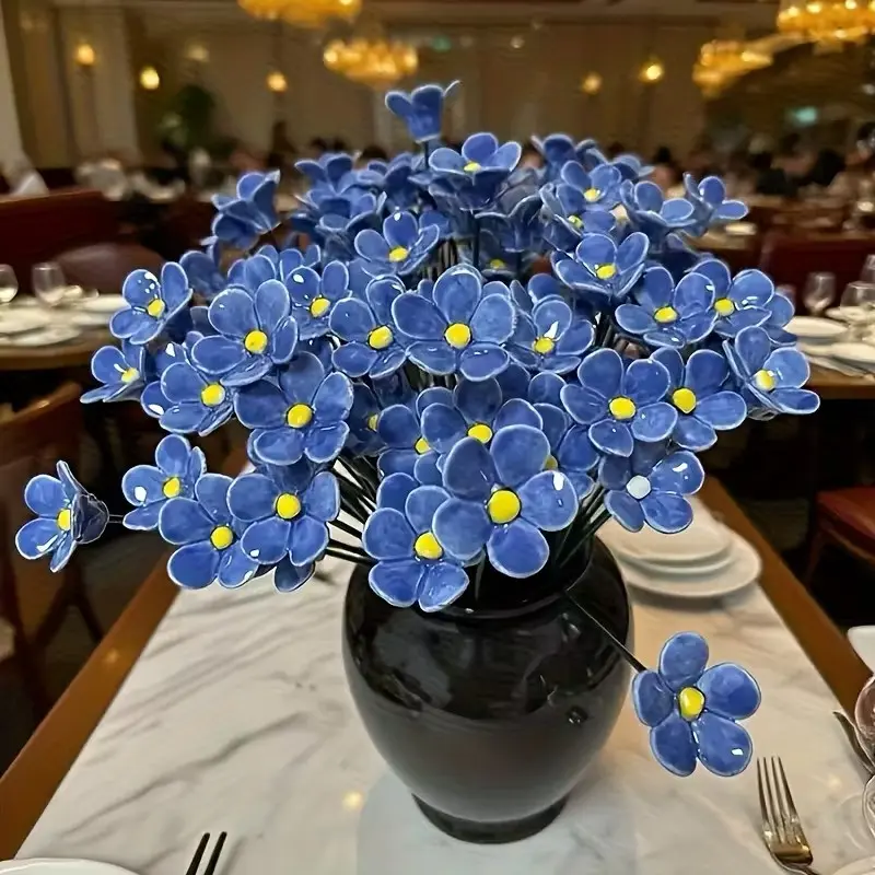 Handmade Ceramic Forget-Me-Not Flowers Set, Blue Love Craftsmanship, Fade Resistant Home Decor, Indoor Outdoor, Perfect Gift for Valentine's Day