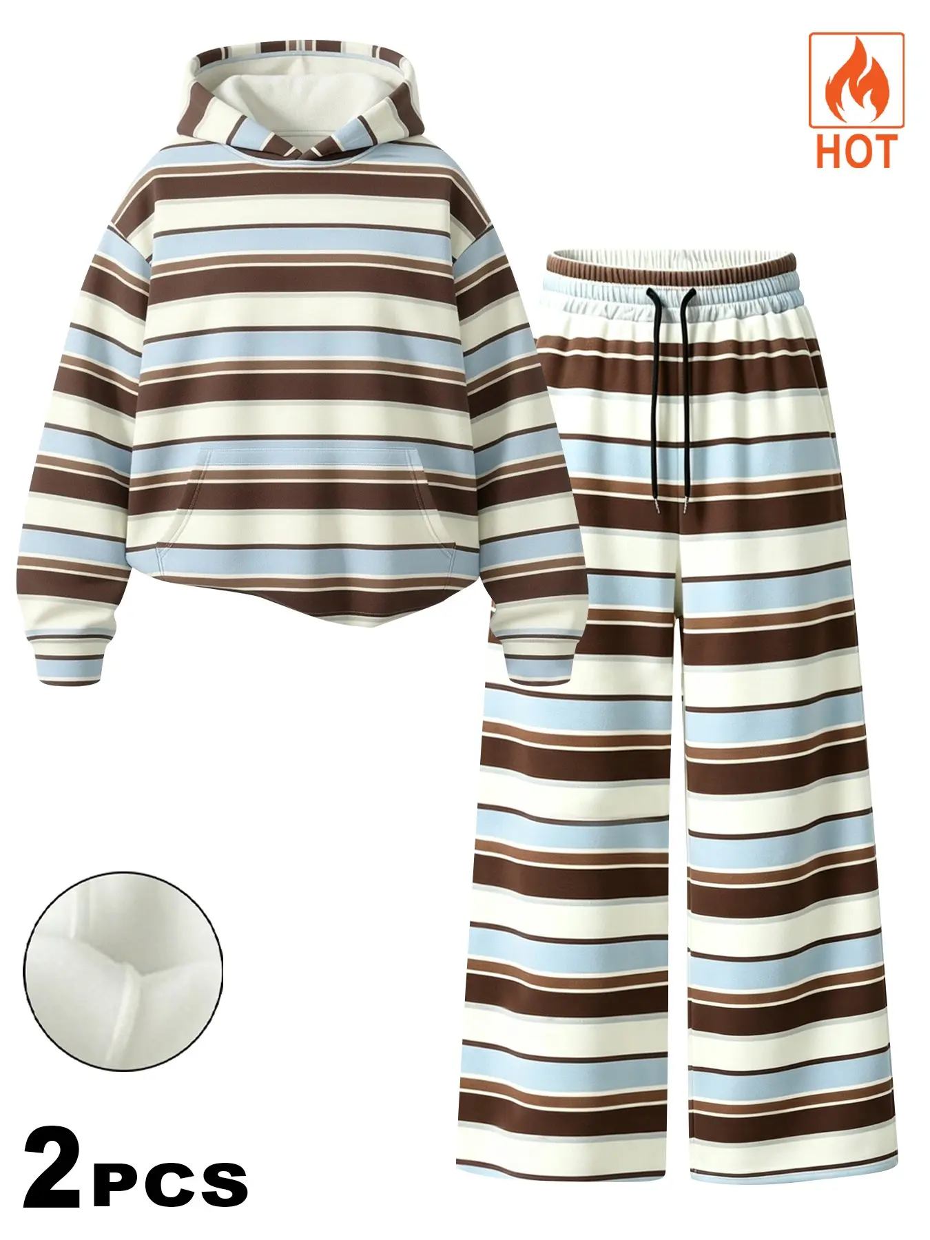 Unisex Color Block Striped Fleece Lined Hoodie Wide Leg Pants 2 Piece Tracksuit Set, TikTok Viral 2026 Y2K Casual Loungewear Matching Outfit,Oversized Drawstring Hooded Sweatshirt & Elastic Waist Drawstring Loose Straight Sweatpants, Home Lounging