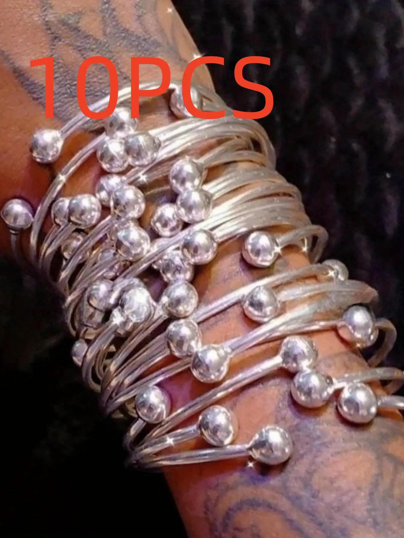 10Pcs Minimalist Fashion Unique Silver Tone Round Bead Open Bangles Suitable for Daily Commute Party Vacation Dating Wear Best Gift for Best Friends.