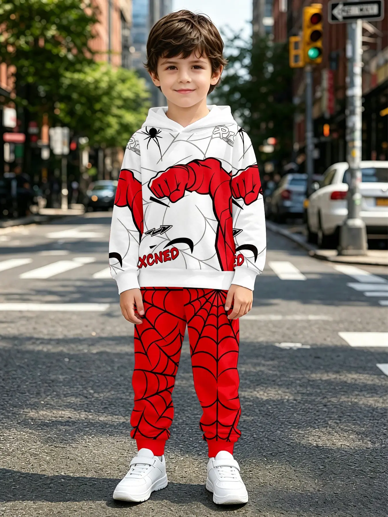 Boys' Spider Hero Hoodie Set, Block, Long Sleeve, Fitted, All over Print, Fall Winter Casual, Christmas Gift