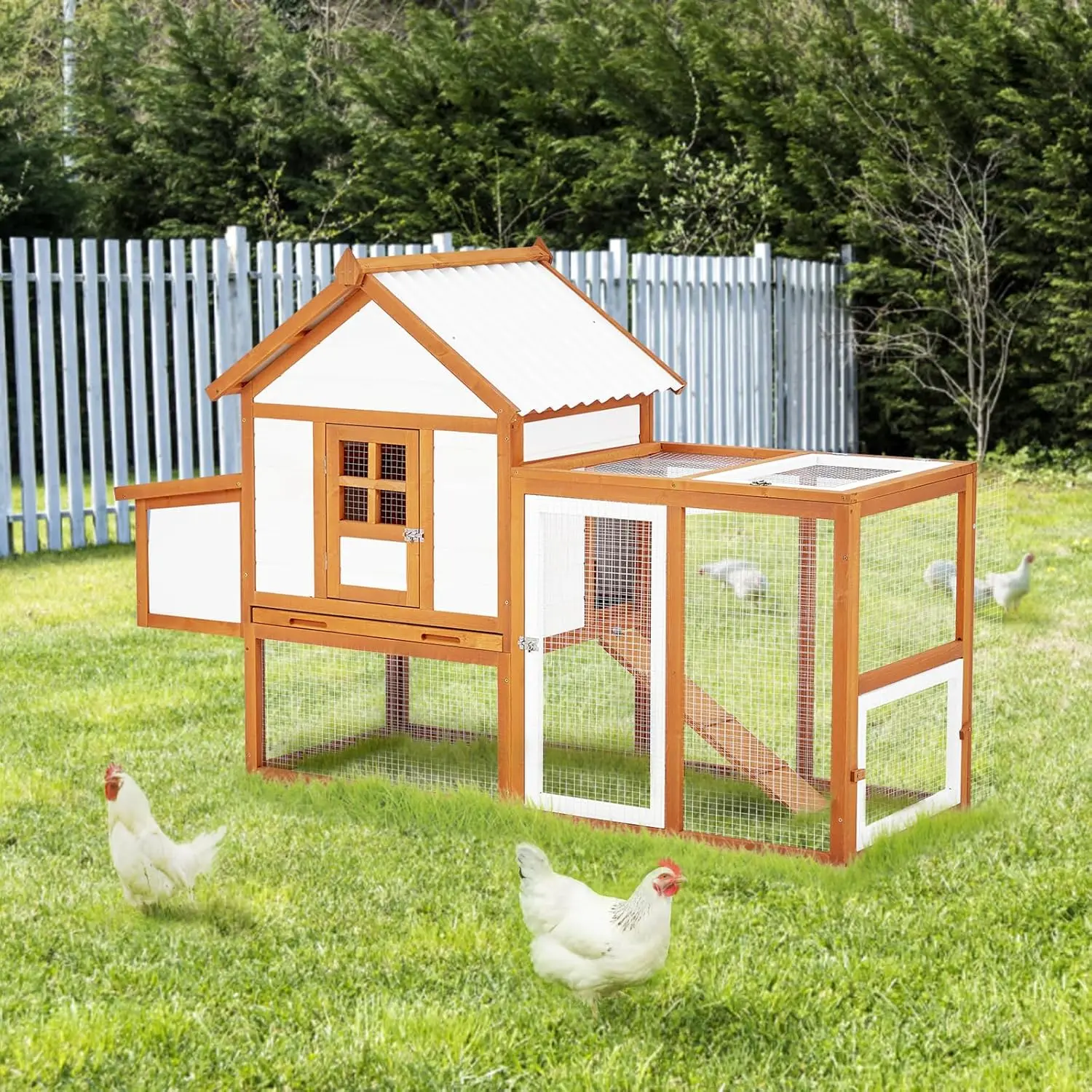 72" Deluxe 2-Tier Wooden Chicken Coop with Nesting Box & Pull-Out Waste Tray