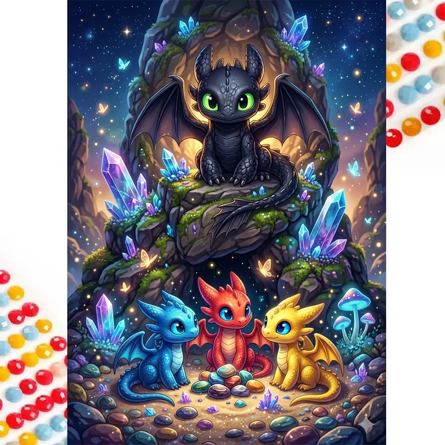Hot New Launch! Healing Fantasy Cute Dragons Diamond Painting Set Large Size 2D Flat Unframed High-Quality Acrylic Round Diamonds HD Canvas Restores Starry Sky & Crystal Scenes Ideal Gift for Friends Family Lovers or Yourself