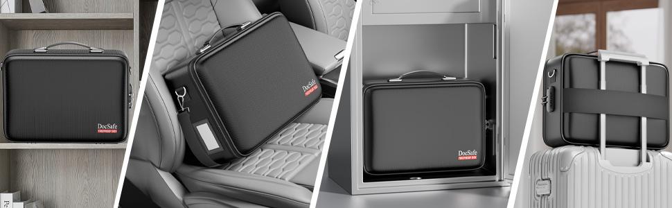 Fireproof Document Box with Lock and Shoulder Strap, Hard-Shell File Organizer with Accordion File Folder, Multi-Layer Portable Safe Storage for Important Documents and Laptop for Home Office and Travel