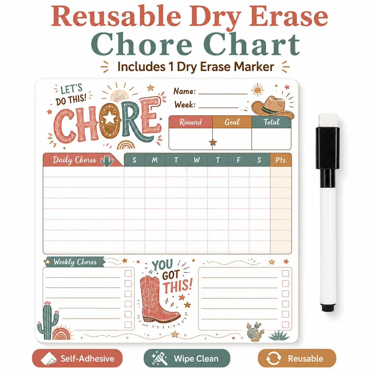 Western Cowboy Style Reusable Chore Chart Stickers with Marker, Self-Adhesive Weekly Plan for Home Daily Organization