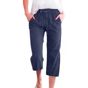 Capris Pants for Women 2026 Cotton Linen Casual Summer Straight Wide Leg Loose Drawstring Elastic Cropped Trouser