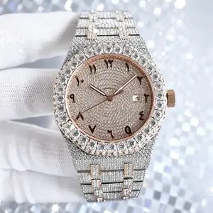 Luxury Full Bling Iced Rhinestone Automatic Waterproof Watch Round Arabic Numerals Face 22mm Wide Bracelet Mens Hip Hop Wristwatch