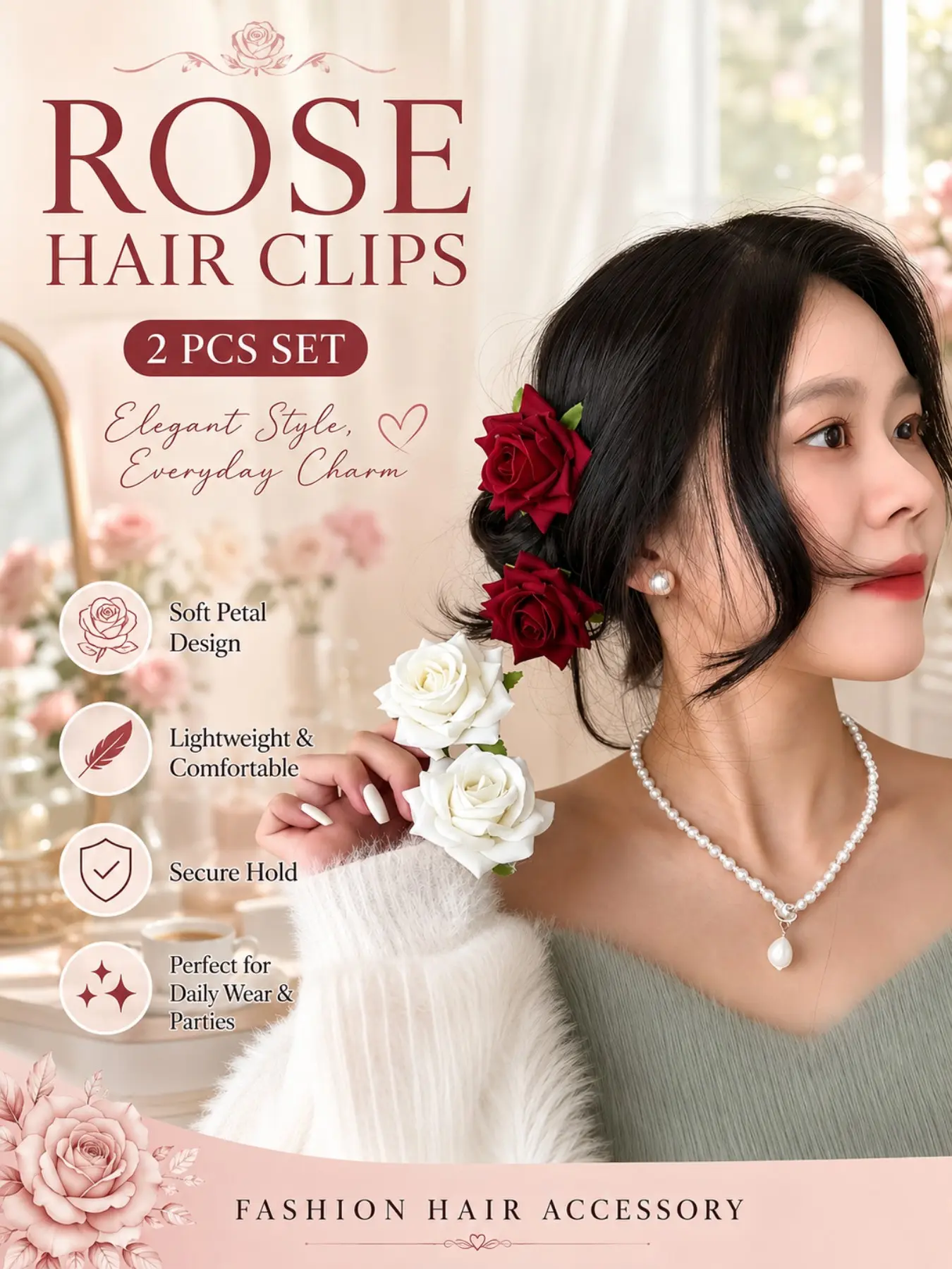 2PCS Rose Hair Clips for Women, Sweet Elegant Medium Hair Barrettes for Side Bangs, Half-Up Hairstyles and Back-of-Head Styling, Valentine’s Day and Daily Hair Accessories
