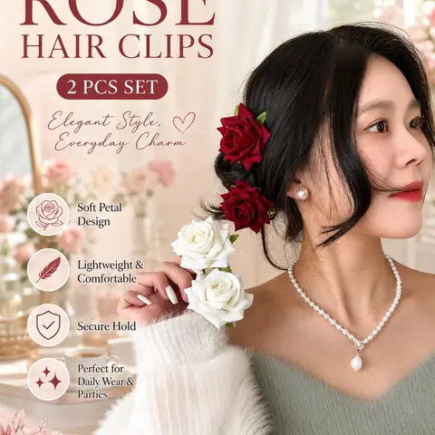 2PCS Rose Hair Clips for Women, Sweet Elegant Medium Hair Barrettes for Side Bangs, Half-Up Hairstyles and Back-of-Head Styling, Valentine’s Day and Daily Hair Accessories, Flower Hair Clip, Floral Hair Accessories