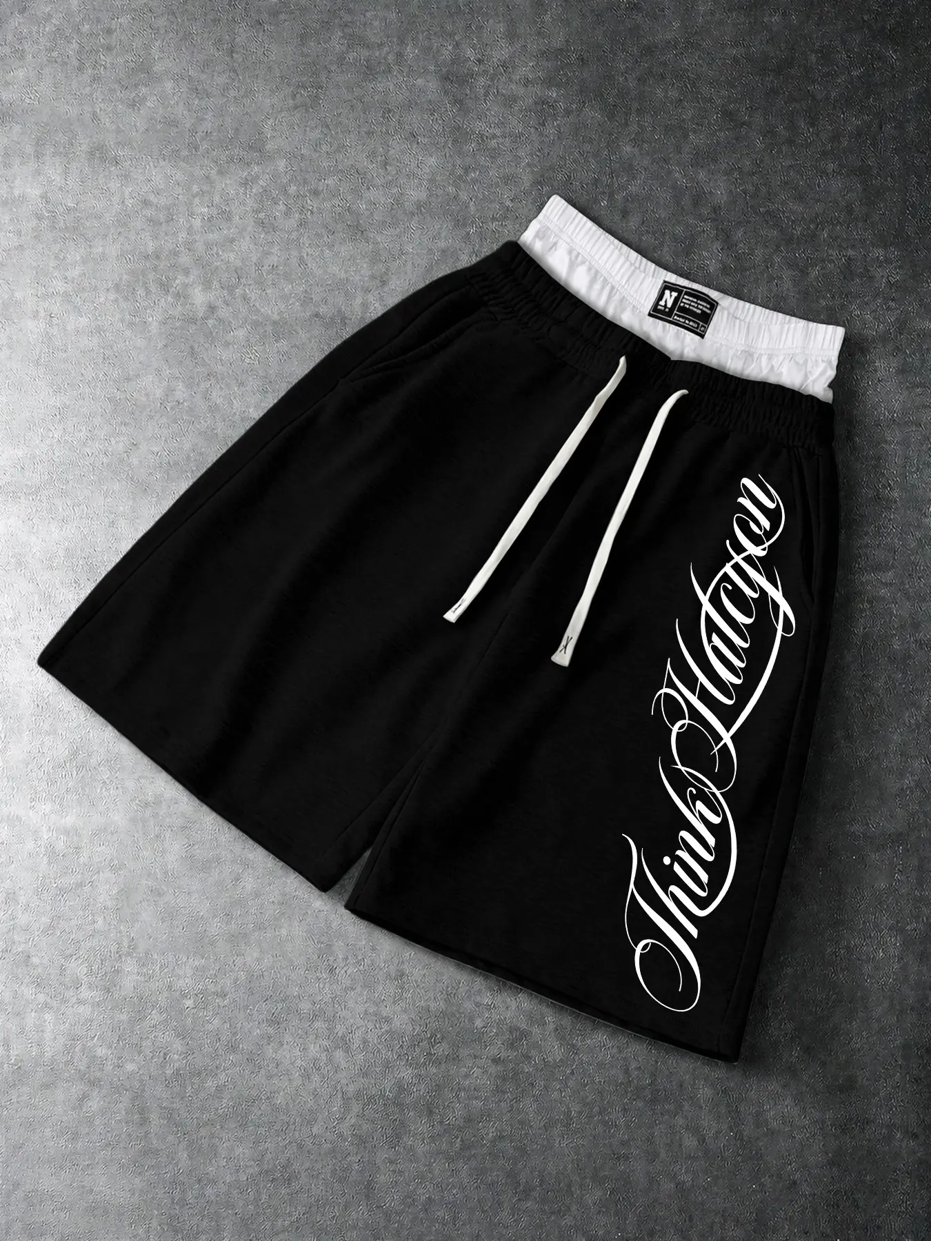American High Street Double Layer Waistband Colorblock Loose Shorts, Gothic Script Print, Casual Sporty Five-Quarter Pants, Unisex, All Seasons