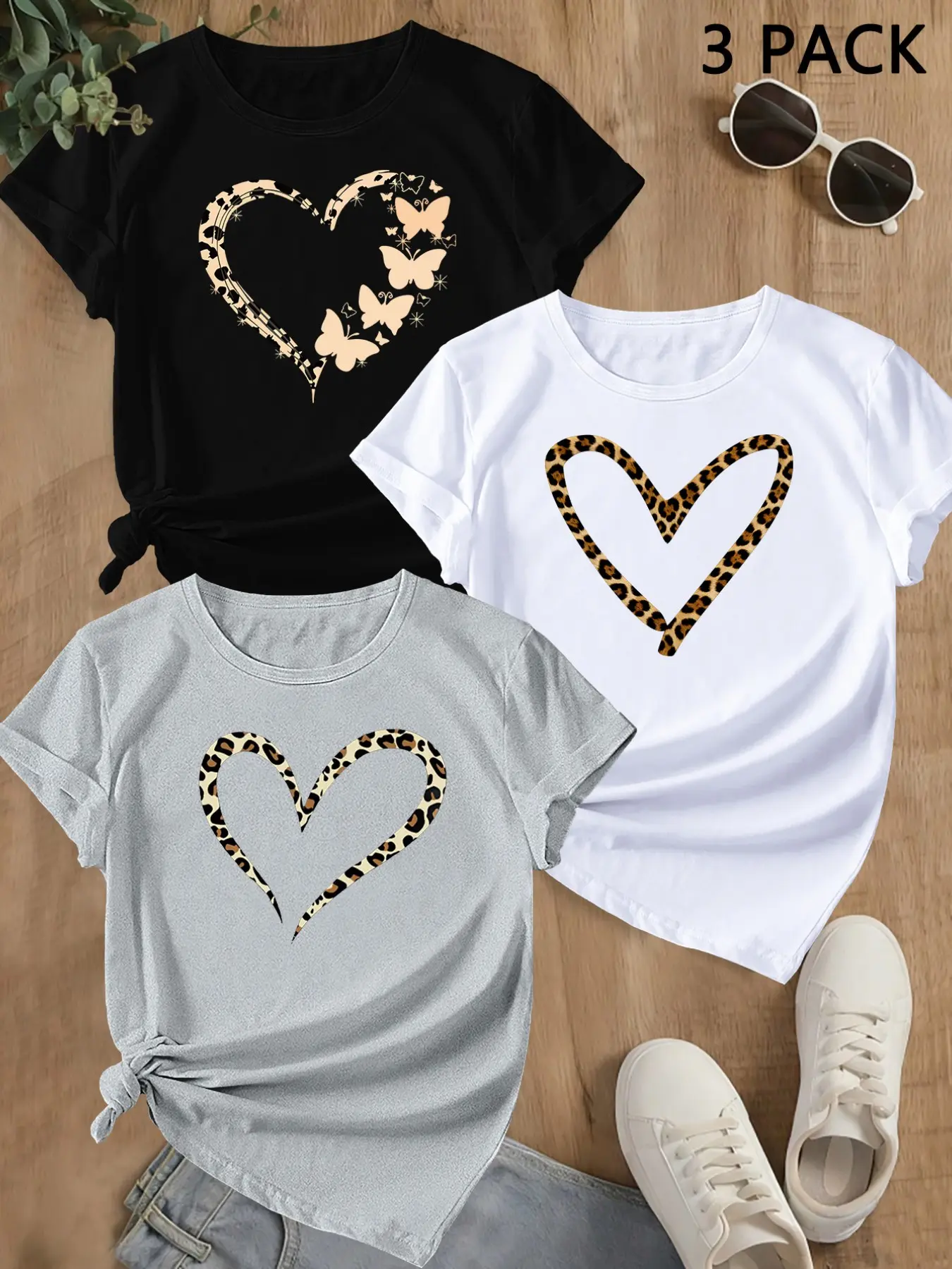 Summer Trendy Short Sleeve, Sporty Heart Print Butterfly, Women's Casual Loose-Fit Round Neck T-Shirt, Comfortable Summer Top, Perfect for Outdoor Activities