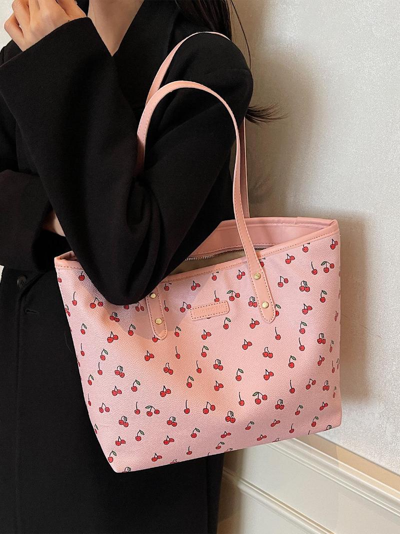 Fashionable Bowknot & Cherry Pattern Tote Bag, Casual Versatile Shoulder Bag for Women, Trendy All-match Bag for Daily Use, Shoulder Totes