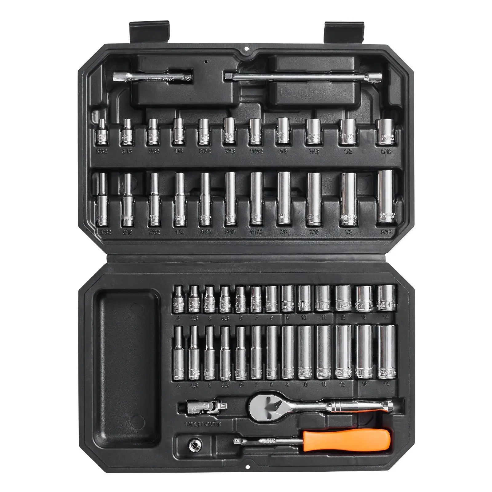 Socket Set For 1/4 Inch Drive, 54-Piece Ratchet And Socket Set With 6-Point Openings, SAE And Metric Deep And Standard Sockets, 5/32–9/16 In And 4–14 Mm, Includes Accessories And Durable Storage Case