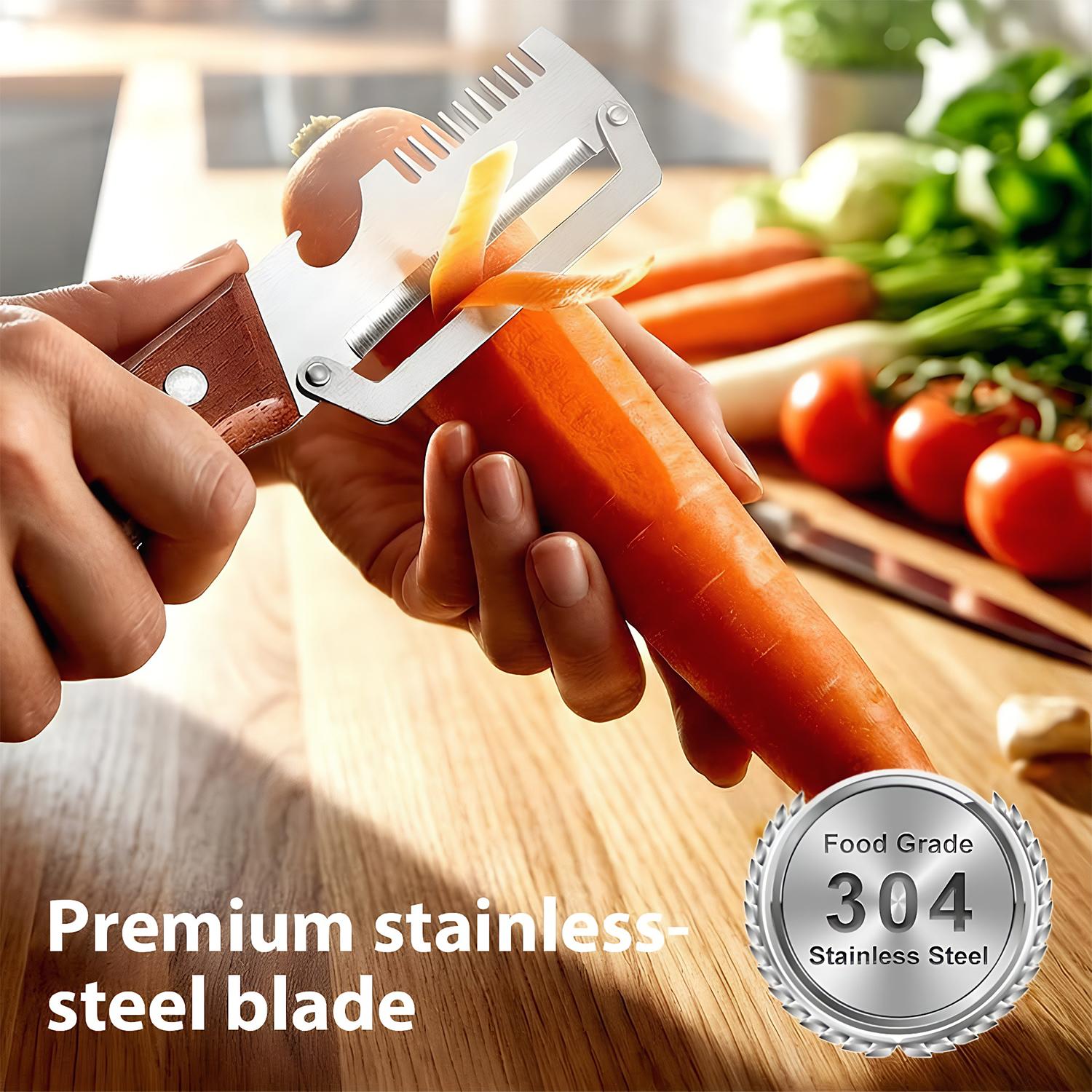 3-in-1 Multi-Function Vegetable Fruit Peeler, Wooden Comfort Grip Handle, Stainless Steel Blade, Julienne Slicer Cutter with Bottle Opener, Dishwasher Safe Kitchen Prep Gadget for Potato