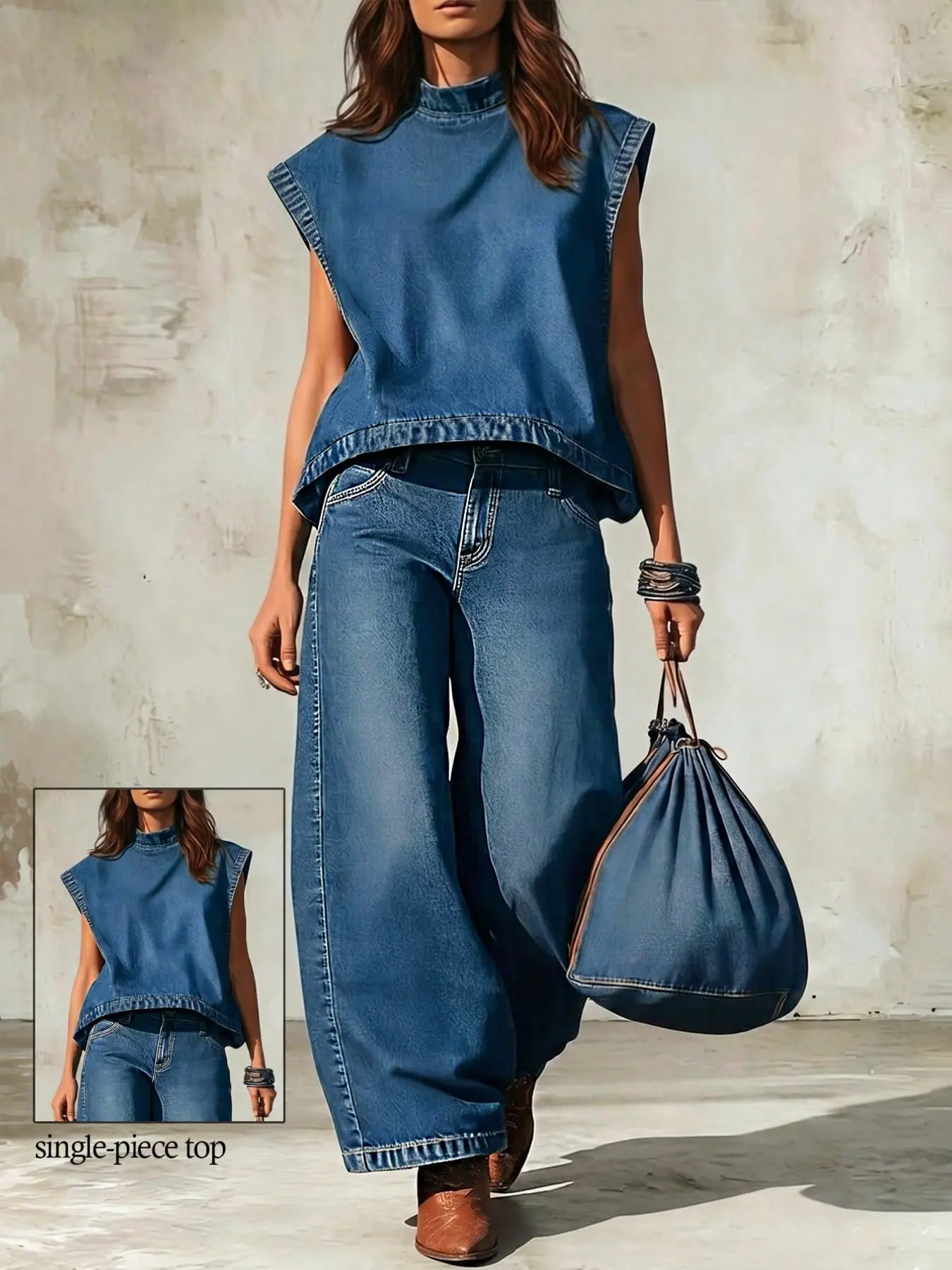 Women's Stand Collar Sleeveless Loose Fit Denim Top, Perfect for Summer Daily Wear, Casual Fashion Shirt