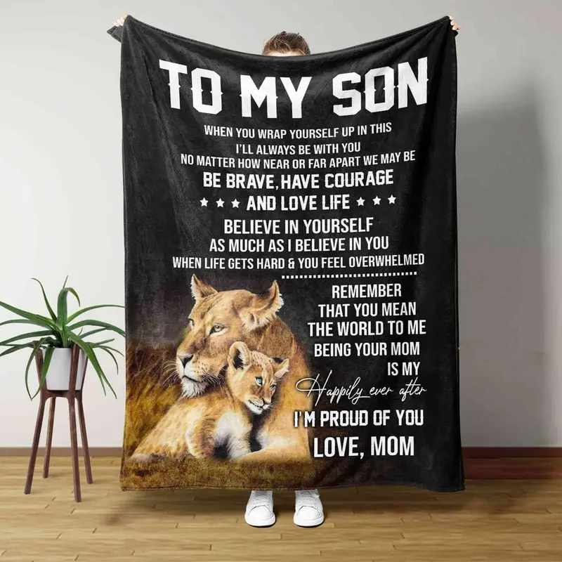 Customized Soft Cotton Fleece Blanket for Son - Modern Bedding Throw with Mother’s Love Printed Text, All-Seasons Christmas Gift, Machine Washable
