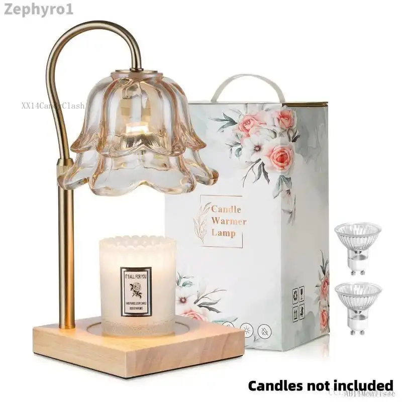 Floral Candle Warmer Lamp with Lily of the Valley Glass Shade and Wood Base, Height Adjustable with Timer, Includes 2 Bulbs - Birthday Gift Room Decor, Lily Shade, Wooden, Candle Holder Decor, Gift Seekers, Floral Motif, Indoor Home, Flower,XX14CandyClash