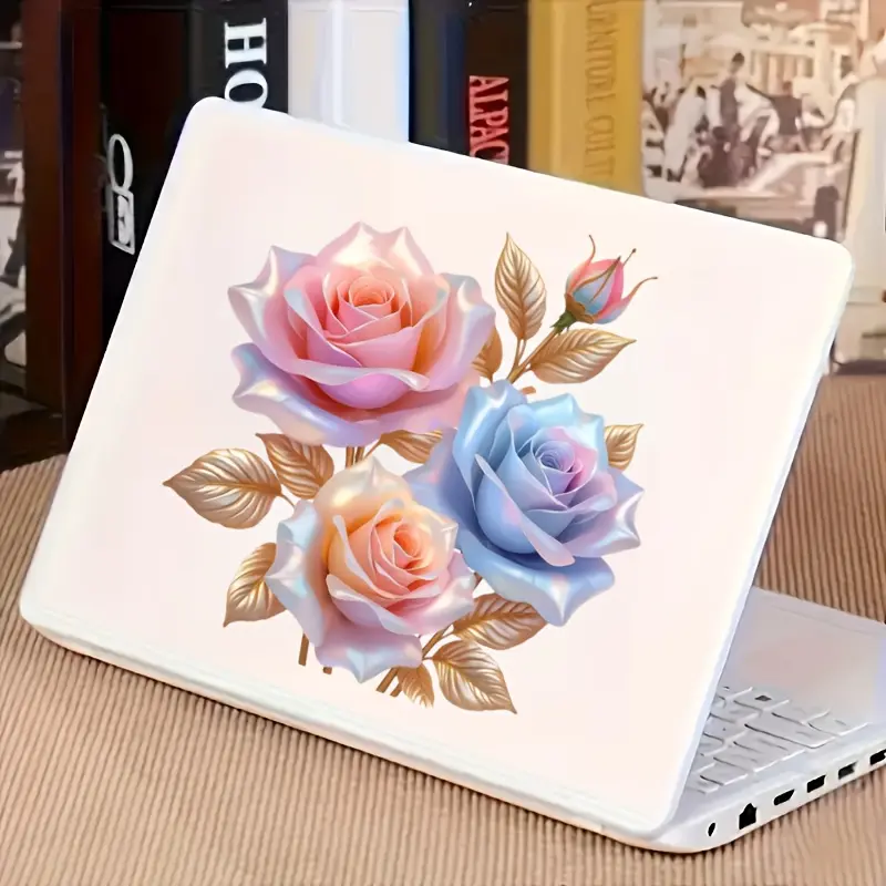 Charming Rose Design Cartoon 2D Flat Self-Adhesive Vinyl Sticker, Colorful Gold Rose Sticker - Ideal for Party Decor, Laptops, Bumpers - Unique Festive Gift for Home Supplies Use