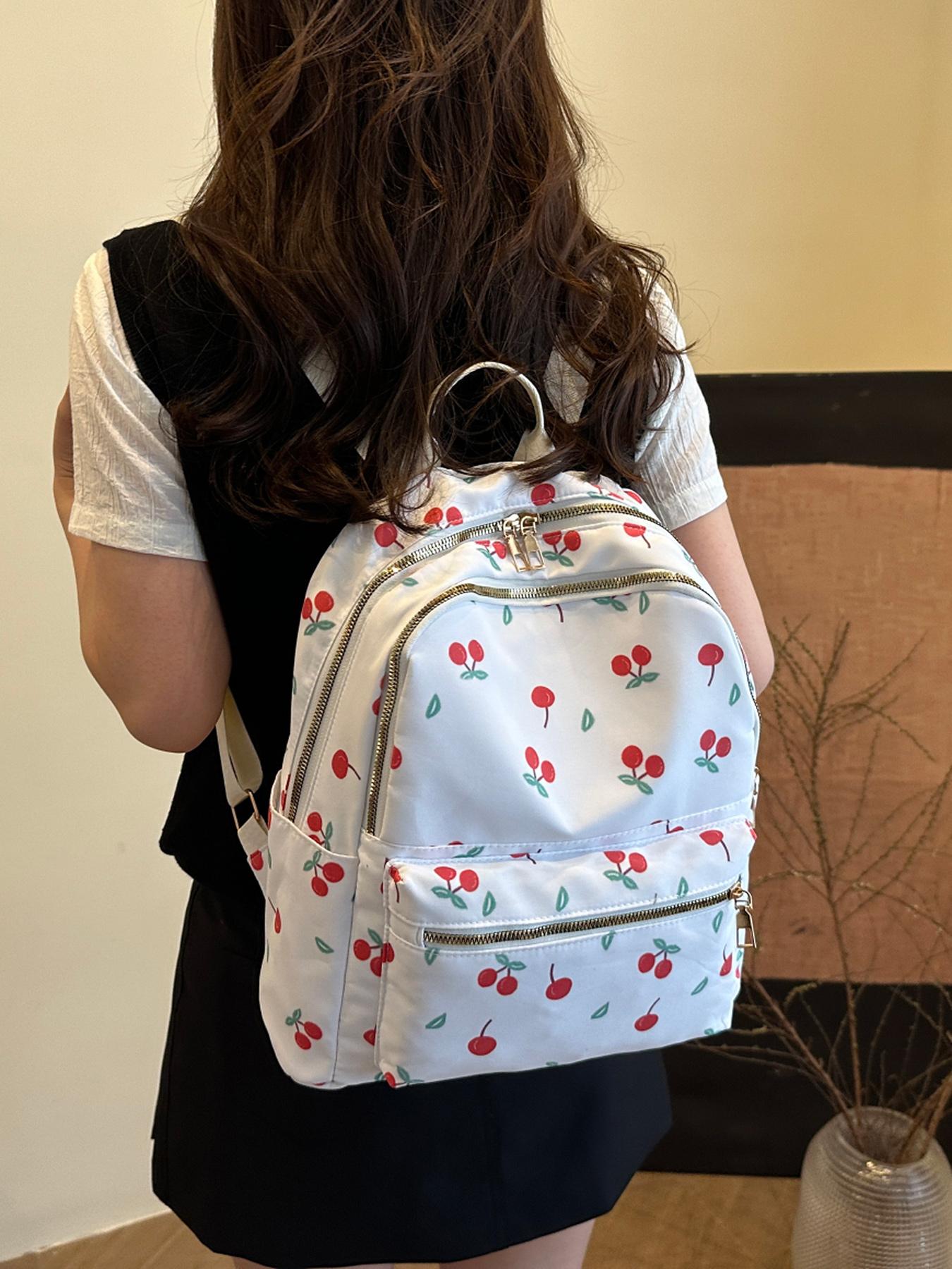 Cute and soft cherry pattern design backpack, sweet girl casual backpack, lightweight and practical portable travel bag, large capacity campus school bag, heavy load, simple and stylish travel companion