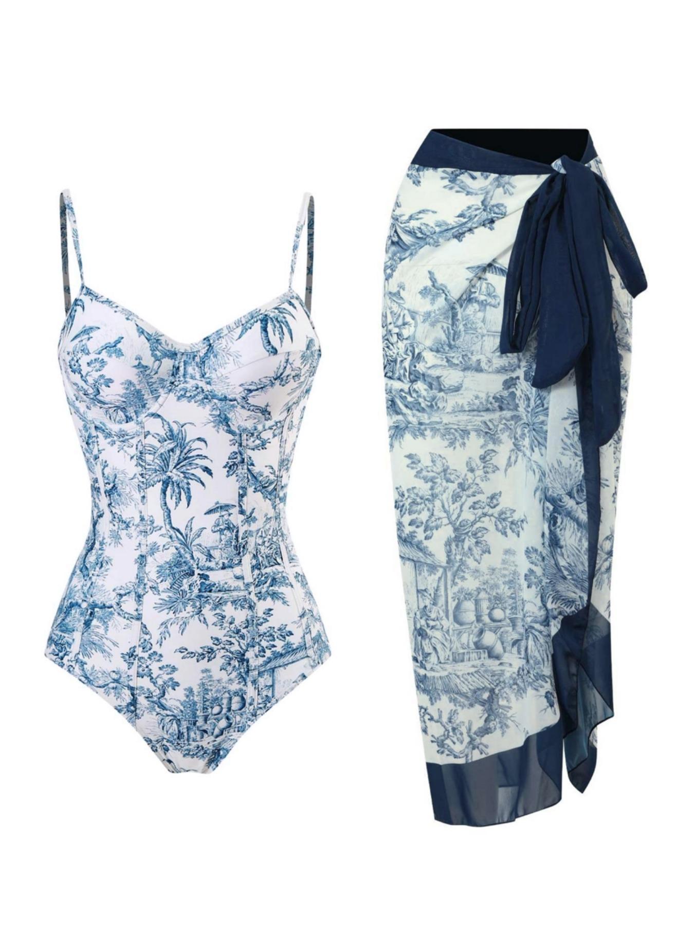 Women's Plants Print Cami Bodysuit & Contrast Mesh Skirt Set, Summer Clothes Women Elegant Spaghetti Backless Camisole & High Waist Knot Detail Skirt, Valentine's Day Gift