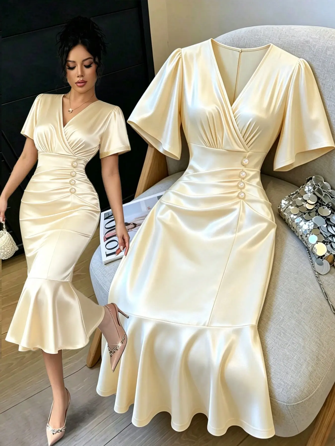 Elegant Satin V-Neck Mermaid Dress, French Chic Formal Wear Evening Gown, Waist-Cinch Pleated Pearl Button Backless Midi Dress, Perfect for Weddings & Parties