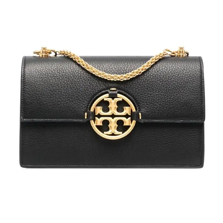 Tory Burch Miller Handbag for Women – Structured Pebbled Leather Accordion Bag with Handwoven Double-T Logo, Black