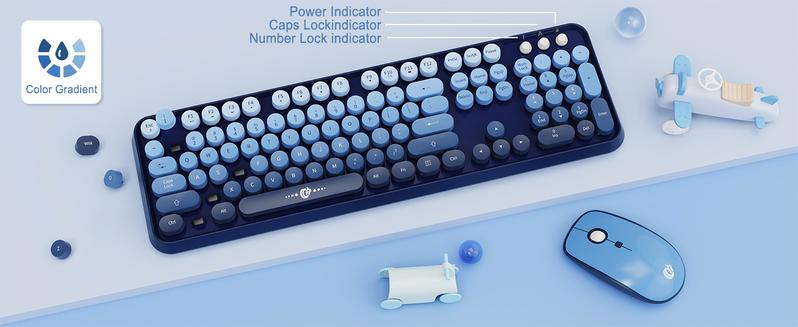Wireless Keyboard and Mouse Combo 2.4G Full Size Cute Colorful Mouse with 104 Round Keys Retro Typewriter Keyboard for Laptop Windows PC Blue Gradient