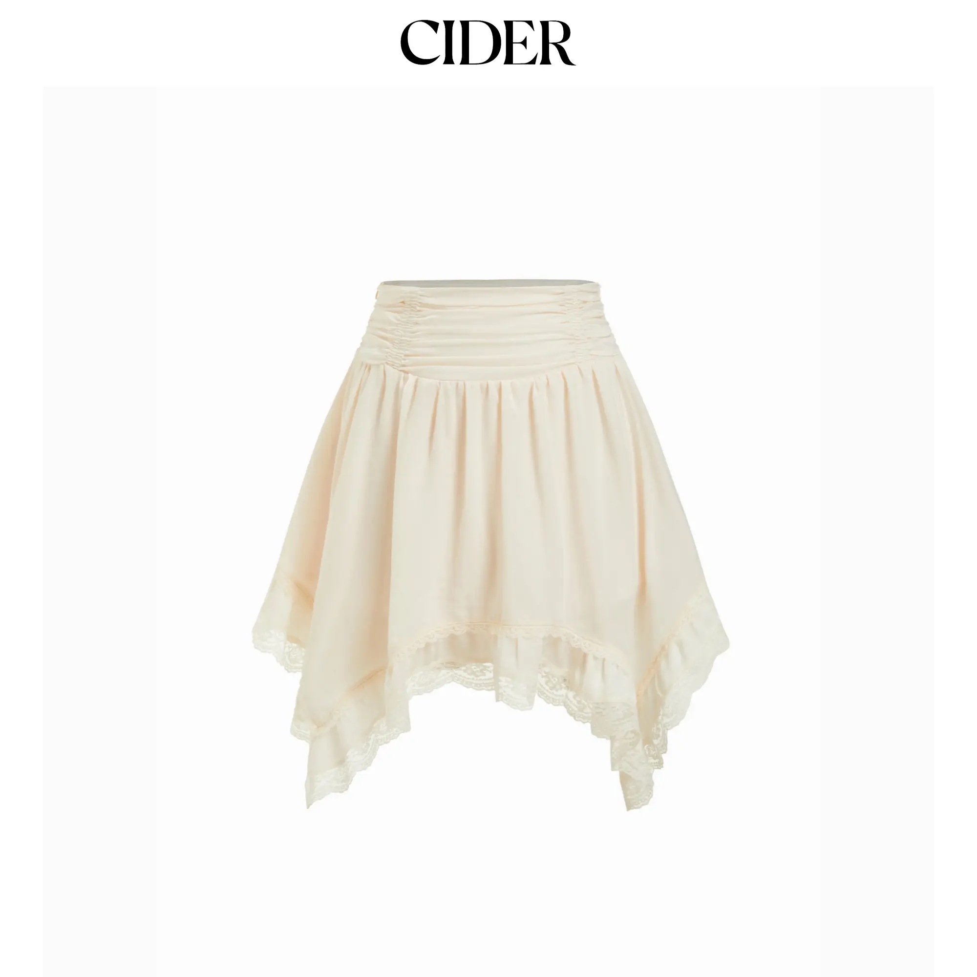 Cider Satin Lace Ruched Mid Rise  Asymmetrical Hem Mini Skirt Beige Womenswear