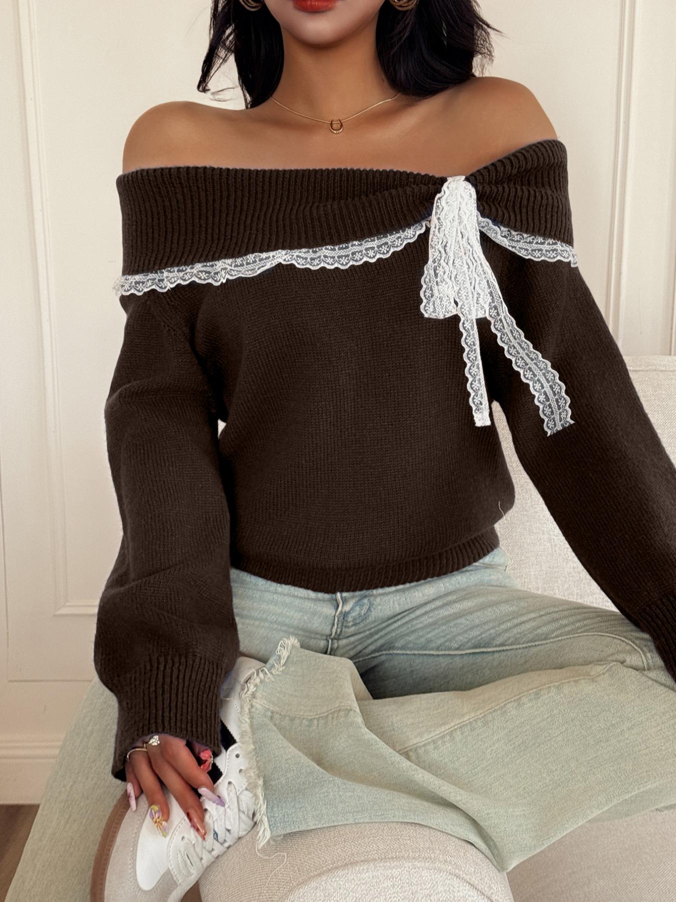 Women's off Shoulder Lace Bow Long Sleeve Pullover Sweater, Cute Knit Top for Fall & Winter, Casual Fashion for Ladies, Women Fall Outfit, Cute Winter Sweater for Women, Autumn Knitwear
