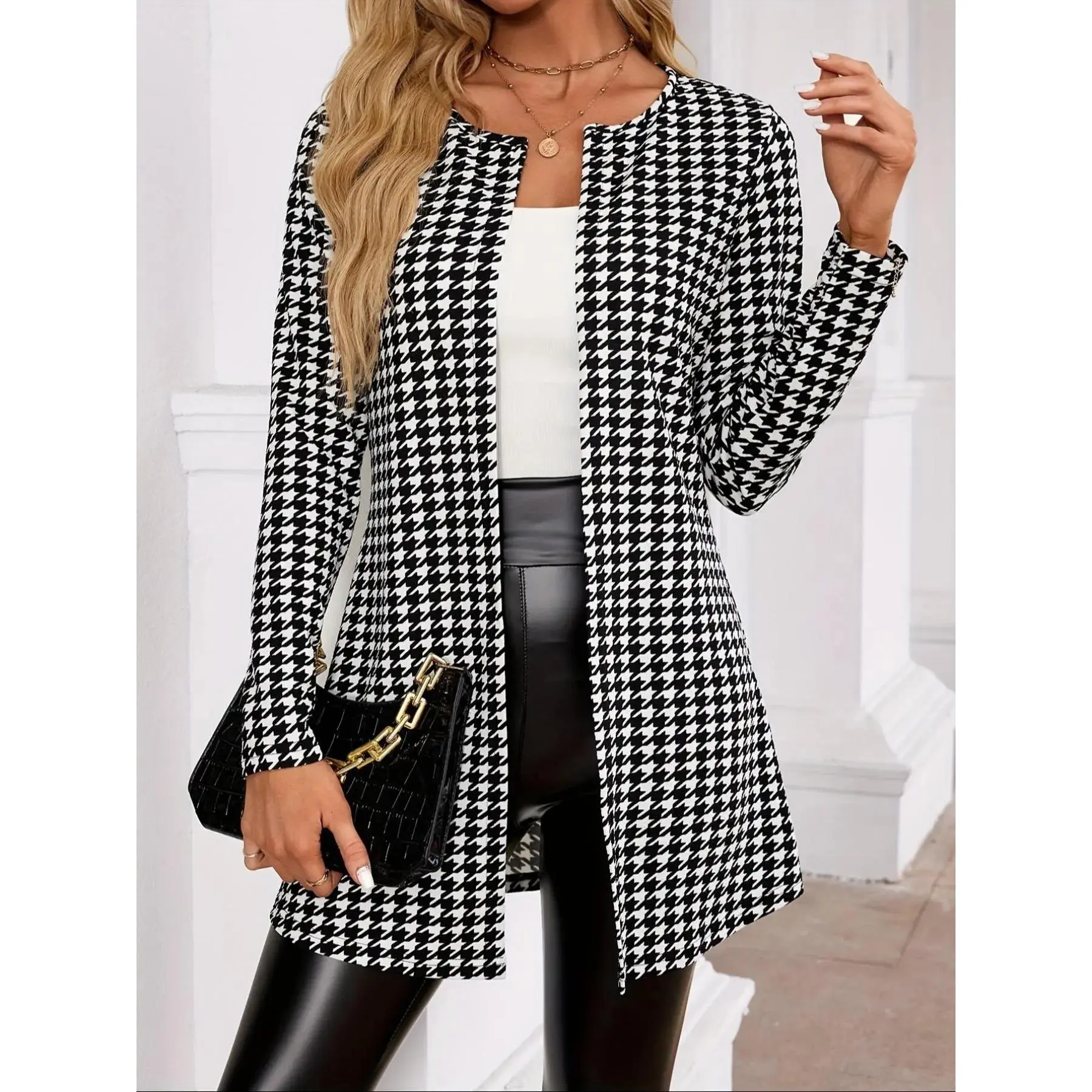 Women's Houndstooth Print Long Sleeve Open Front Jacket, Casual Elegant Outerwear for Spring & Fall, Ladies Clothes for Daily Wear