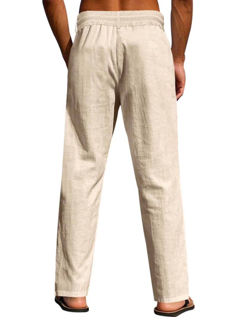 Men's Solid Button Design Linen Pants, Casual Comfy Breathable Trousers for Beach Vacation Holiday, Men's Bottoms for Summer Men's Solid Button Design Linen Pants, Casual Comfy Breathable Trousers for Beach Vacation Holiday, Men's Bottoms for Summer